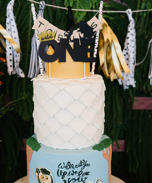 Wild One Birthday Decorations for Boys, Black and Gold Balloons, High Chair Banner, Cake Toppers, 1st Birthday Supplies