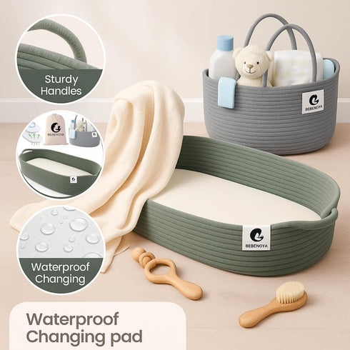 Generic BEBENOVA Baby Changing Basket with Waterproof Pad, Baby Diaper Caddy Organizer, Blanket & Cotton Bag, Portable