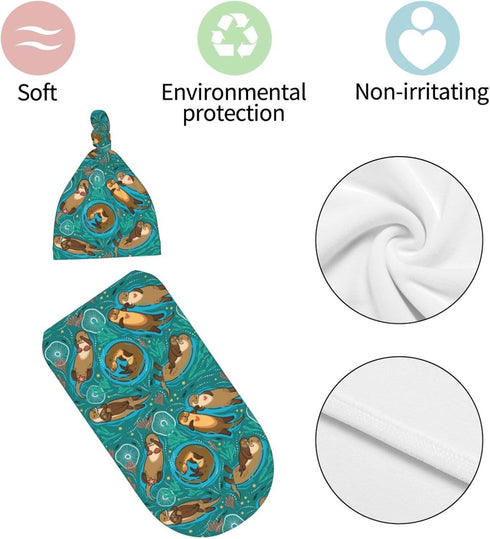Cute Sea Otters Newborn Swaddle Blankets with Beanie Sets, Soft Swaddling Blanket Gifts for Infant Boys Girls