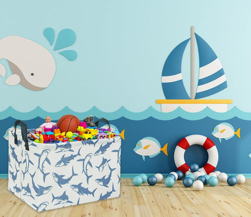 Kids Baby Storage Basket, Rectangular Shark Toy Organizer Bin, Cute Shelf Book Decor (Blue Shark)