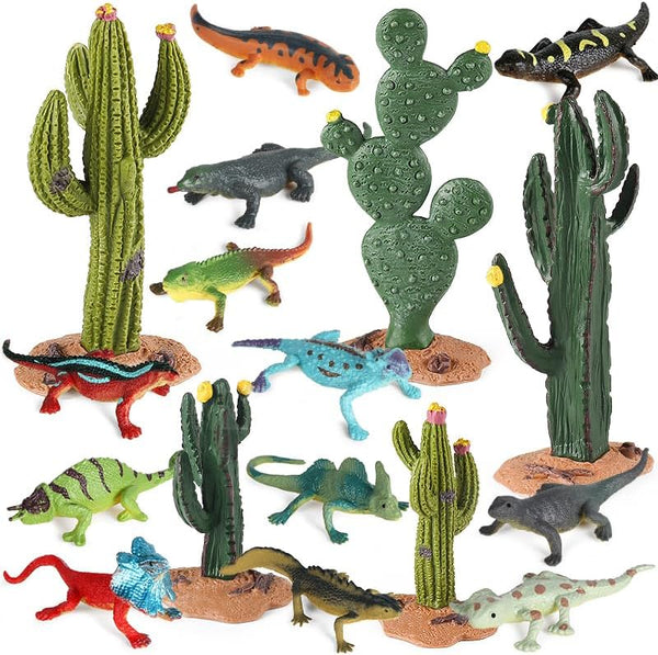 Lizard Toys Figures - 17 Pcs Desert Reptiles Figurines Model Trees Kit, Desert Diorama Supplies for Kids Gift