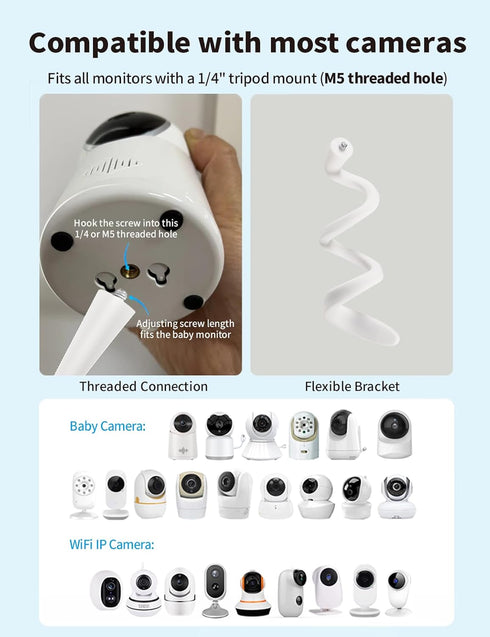 Universal Baby Monitor Camera Mount for Crib Compatible with Arlo, Owlet, Goodbaby, and More with 1/4 threaded hole, Adjustable Stand for HelloBaby, Vtech, Motorola Monitors, No Tools Required (White)