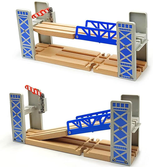 DSHMIXIA Set 3-5 Lift Bridge Wooden Crane Toy with Train Cars - Compatible with Major Wooden Rail Brands - Ages