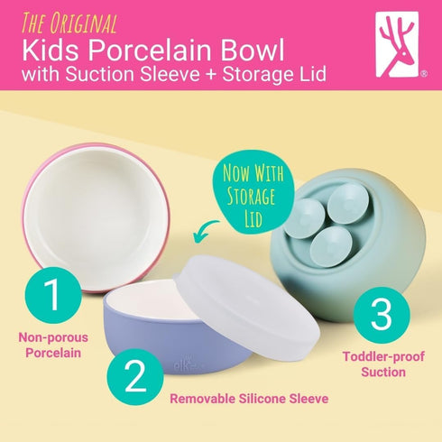 4 Pack Elk and Friends Kids Porcelain Bowls with Silicone Suction Sleeves | Lids Included | Suitable