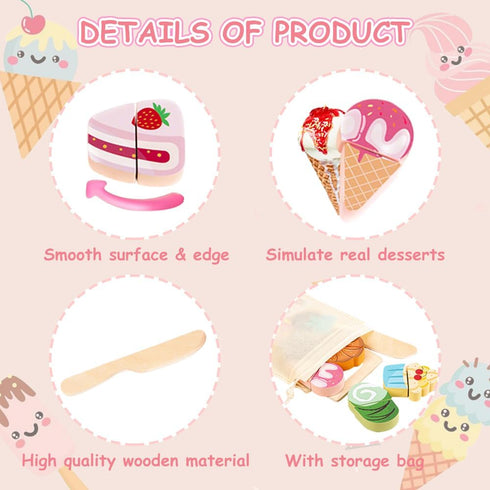Embosomitr 12PCs Set Set 3 Ice Cream Toy Wooden Cake Toy Cutting Play Pretend Food Play Toy Kitchen with Wooden Knife