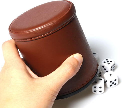 Leather Dice Cup Set - Felt Lining Quiet Shaker with 5 Dot Dices for Farkle Yahtzee Games, Brown