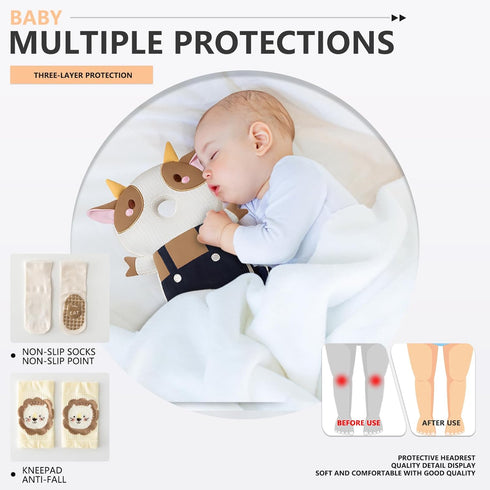 WKC Backpack 23) Baby Head Protector with Knee Pads & Non-Slip Socks, Toddler Safety for Crawling & Walking (Style