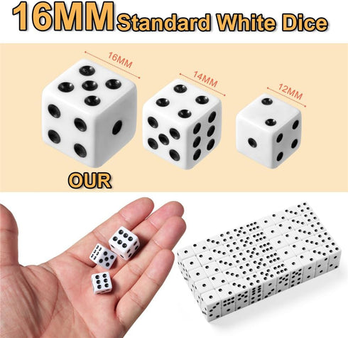 SLSESIN 100 Set, 16MM Pieces Dice Standard Game White Dices, Opaque Six Sided Dice with Pouch, Black Dot Bulk White