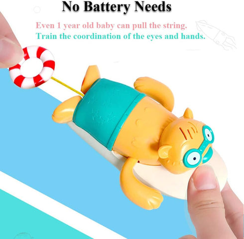 Pull String Baby Bath Toy Pull & Go Beaver Cute Surfing Beaver Swimming Beaver Windup Clockwork Bathtub Toy for Toddlers (Blue)