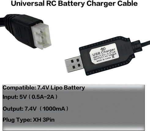 BaiWeiDun 7.4V XH-3Pin 7.4V USB Charger Cable with Plug Universal Compatible RC Car RC Plane RC Tank RC Boat and Other