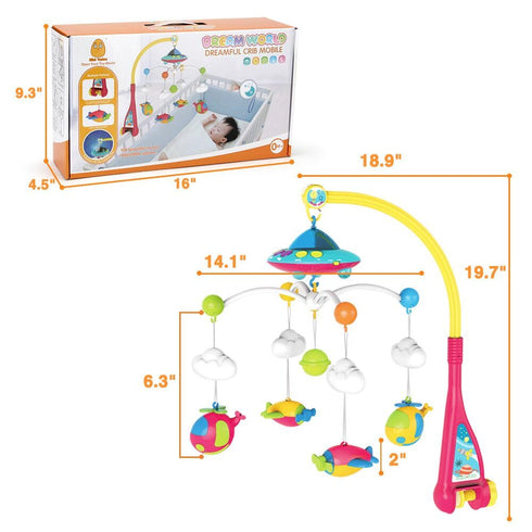 108 Mini Tudou Musical Baby Crib Mobile Toy with Lights and Music, Star Projector Function and Cartoon Rattles, Remote