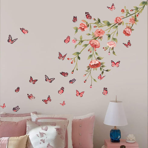 Cute Peony Flower Wall Decals, Pink Rose Floral Stickers, Removable Peel and Stick for Kids Room, Living Room Decor