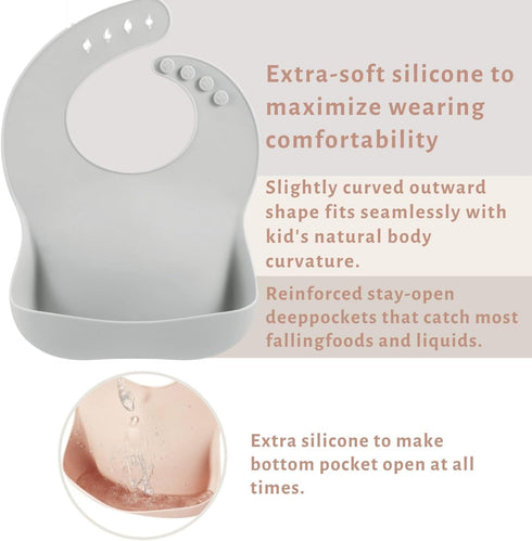PandaEar 3 Pack Silicone Bibs for Babies, Adjustable Waterproof BPA Free Soft Durable Bibs with Large Pocket