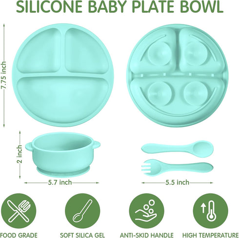 CHENGU 12 Set Pcs Silicone Bowl with Suction for Baby Toddler with Suction Plate, Spoon and Fork, Divided Design Baby