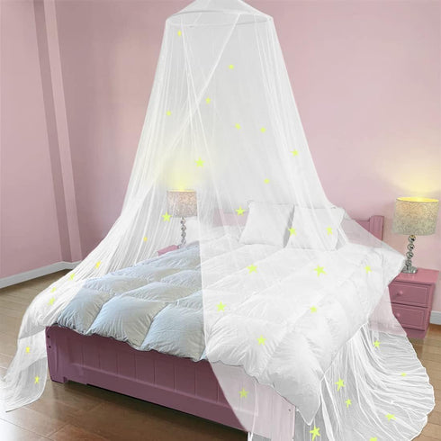 BCBYou Bed Canopy Mosquito Net with Fluorescent Stars for Baby, Kids, and Adults, White