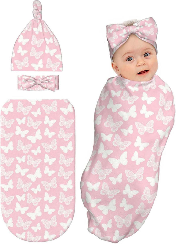 Broiteid Butterfly Pink Baby Stuff Newborn Pink Swaddle Blanket with Beanie Hat and