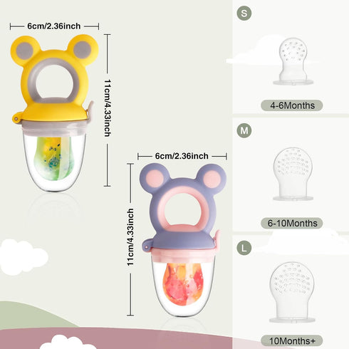 Baby Solids/Frozen Fruit Feeder Pacifier, Infant Teether Toy 4M+, BPA-Free Silicone Pouch & Nipple, Safely Introduce Solids, Teething Relief, 2-Pack - Yellow/Purple (Mouse)