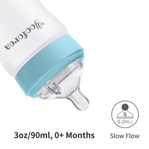 Yooforea Silicone Coated Glass Baby Bottle, 0M+ Slow Flow Nipple, Wide Neck, Medical-Grade Silicone Coating, 2 Pack, 3