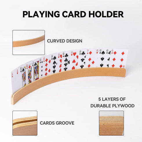 GSE Set of 4 Wooden Playing Card Holders - Curved Racks for Kids, Adults, Seniors, 17.5-inch