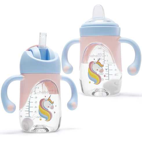 hahaland Sippy Cups for Baby 6-12 Months, 2 in 1 Spout & Straw Unicorns Sippy Cups for Toddlers, No Spill