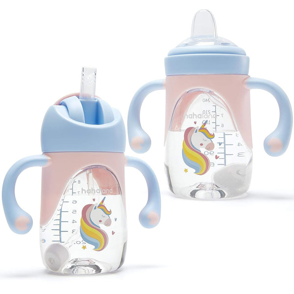 hahaland Sippy Cups for Baby 6-12 Months, 2 in 1 Spout & Straw Unicorns Sippy Cups for Toddlers, No Spill