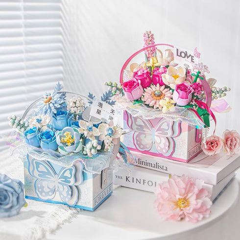 998 (1968) Mini Building Blocks Portable Flower Bouquet Gifts Box with Light, Blue Rose Creative Eternal Flower, Home