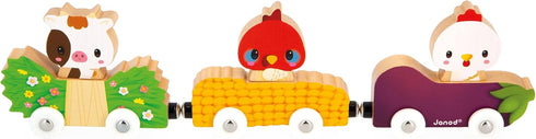 Janod Farm Wooden Animal Car Train Push and Go Playset - For Ages 18 Months to 3 Years (J03316)