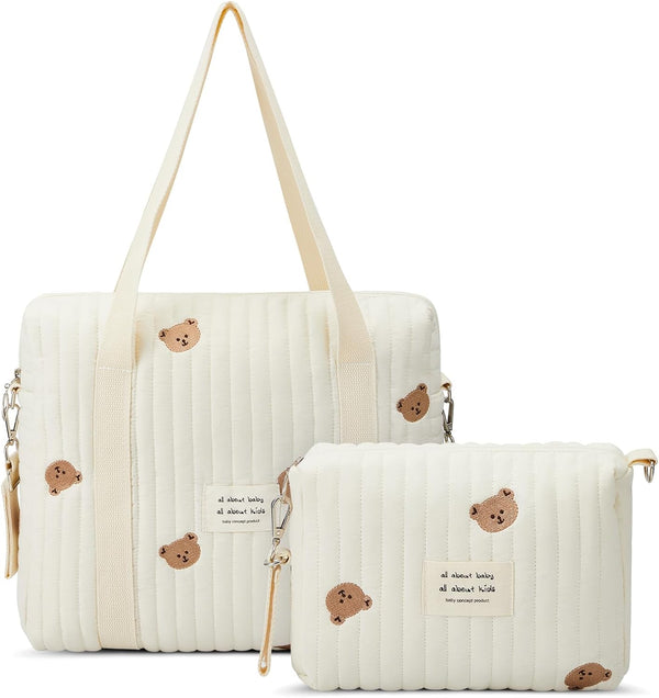 Paterr 2pcs Quilted Diaper Bag Tote Set Multifunction Cotton Maternity Hospital Bag