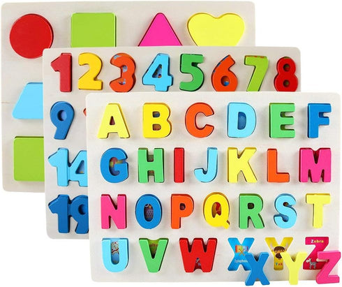 QZMTOY Wooden Puzzles for Toddlers – Alphabet Number Shape Puzzles – 3 in 1 Learning Puzzle Toys for Age 3+