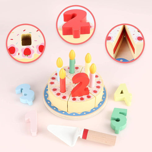 Wooden Cutting Birthday Cake Toys, Fake Cake Toy with Candles and Numbers, Montessori Tea Party Learning Toys