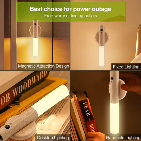 2-Pack Set, LANDGOO Magnetic Night Light with Motion Sensor, Ash Wood Cylindrical Rechargeable LED Lamp White Light