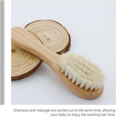 Set 2 Abaodam Hair Washing Brush and Scalp Massage Comb for Newborns with Soft Wool Bristles and Wooden Handle