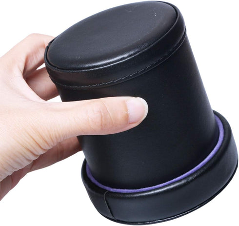 PU Leather Dice Cup with Lid, Purple Velvet Interior Quiet Shaker Cup Including 6 Purple Translucent Dice