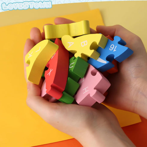 LovesTown Dolphin Wooden Puzzle, 26PCS Jigsaw Puzzle Alphabet and Number Blocks