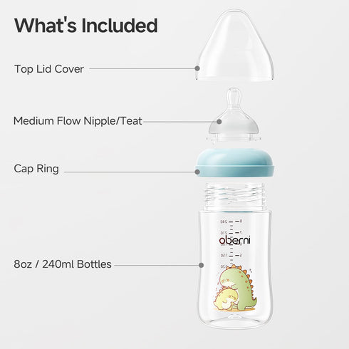 240ml 8 Oz 3-6 Pink/2 Pack Oberni Baby Bottles, Wide-Neck Milk Feeding Bottle with Size M Teat for Months Newborn