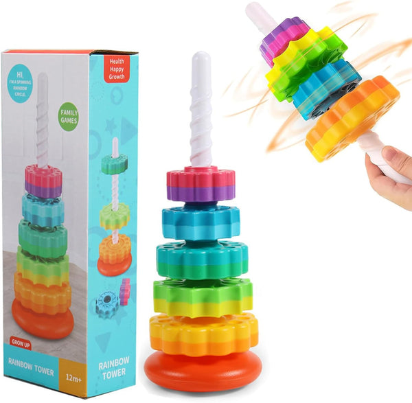 Baby Spinning Stacking Toys, ABS Plastic Rainbow Design Ring Stacker for 6-12 Months Montessori Educational Learning