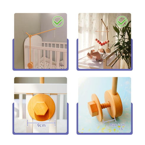 Wooden Baby Crib Mobile Arm, Beech Wood, Adjustable Mounting Bracket, Rotatable