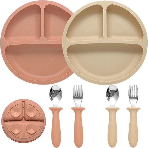 Silicone Baby Feeding Set, 2 Pack Divided Suction Plates, Spoons and Forks for Toddler Utensils, BPA Free