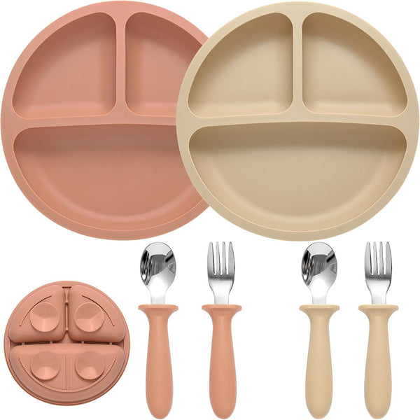 Silicone Baby Feeding Set, 2 Pack Divided Suction Plates, Spoons and Forks for Toddler Utensils, BPA Free