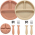 Silicone Baby Feeding Set, 2 Pack Divided Suction Plates, Spoons and Forks for Toddler Utensils, BPA Free