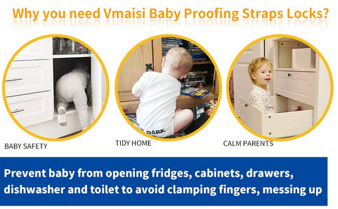 Vmaisi Baby Proofing Cabinet Locks, Adjustable Multi Use Straps for Childproofing Drawers, Fridge, White (4)