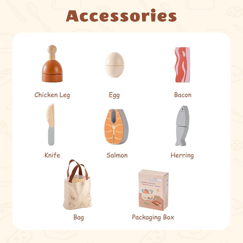 Set, ROBOTIME Wooden Play Food Cutting Meat & Eggs Pretend Play Toy Food for Play Kitchen with Shopping Bag Kids