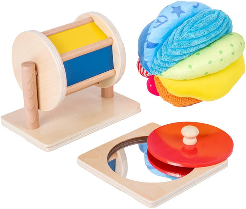 Montessori Baby Toys Play Kit, Mirror Peekaboo Knob Puzzle, Spinning Drum and Rainbow Fabric Ball Kit for 6-12 Months