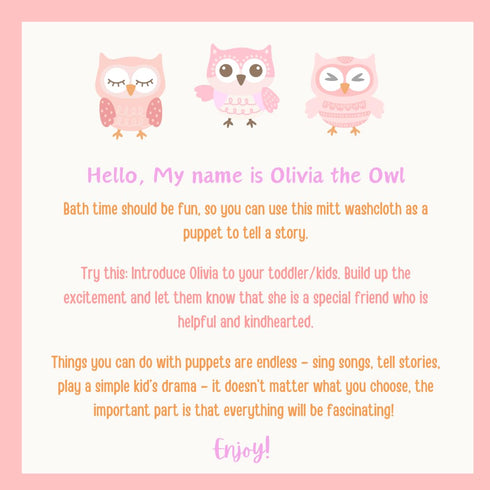 Olivia The Owl Washcloth - Animal Shape Cotton Mitt - Bath Glove for Kids - Cute Puppet Bath Glove (Pink, Blue)