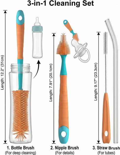 cicike Set (3-in-1) Silicone Baby Bottle Brush - Water Bottle Cleaner with Nipple & Straw Brush - BPA Free, Detachable