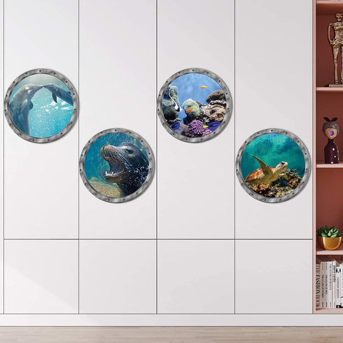 4 PCS Removable 3D Under The Sea Wall Decals, Animals Wall Sticker Home Decor for Bathroom & Kids Nursery Room
