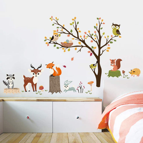 decalmile Woodland Wall Decals, Animals Tree Owl Fox Deer Wall Stickers for Kids Bedroom Baby Nursery Decor
