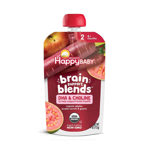 Happy Baby Organics Brain Support Blends Apples, Purple Carrots & Guava with DHA, Choline 4oz Pouch (Pack of 16)