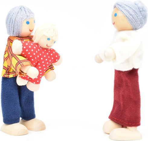 Wooden Doll House People Set of 7 Miniature Figures and 2 Pets, Dollhouse Dolls Family Accessories for Kids