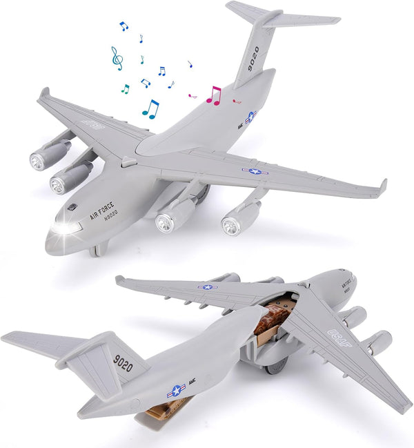 Air Force Diecast Plane Toy, Grey Metal Military Model Airplane with Lights & Sounds, Play Vehicle for Kids